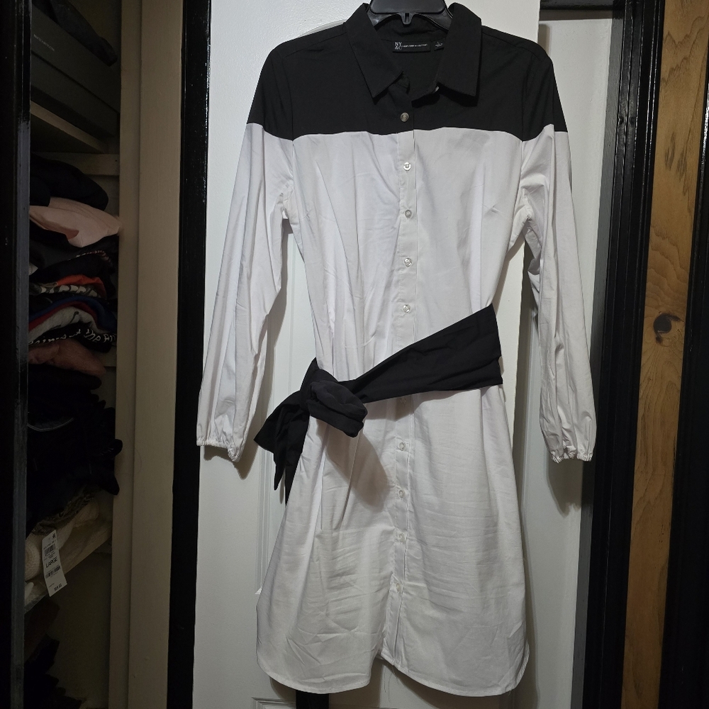 New York & Company Women's Poplin White & Black Colorblock Shirtdress W Belt L